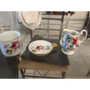 Vtg Lefton China Hand Painted Rose Mini Smoking Set Ashtray Creamer Japan